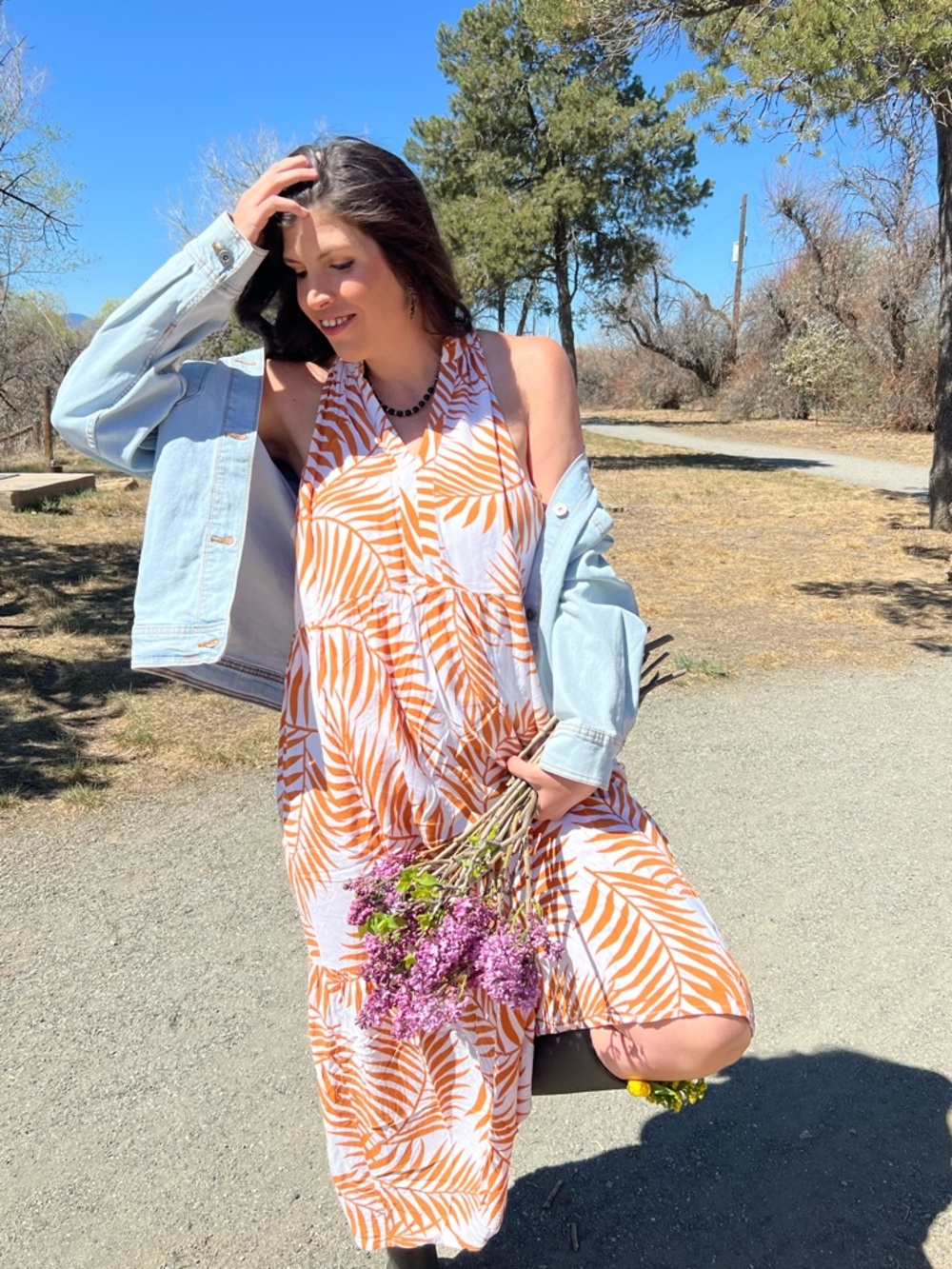 White & Orange Tropical Print vneck Dress
